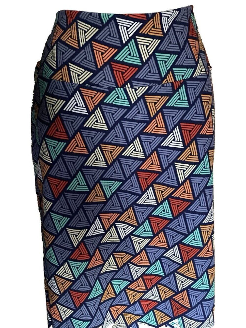 LuLaRoe Cassie Stretch Pencil Skirt Size L Blue Triangle Geometric Print